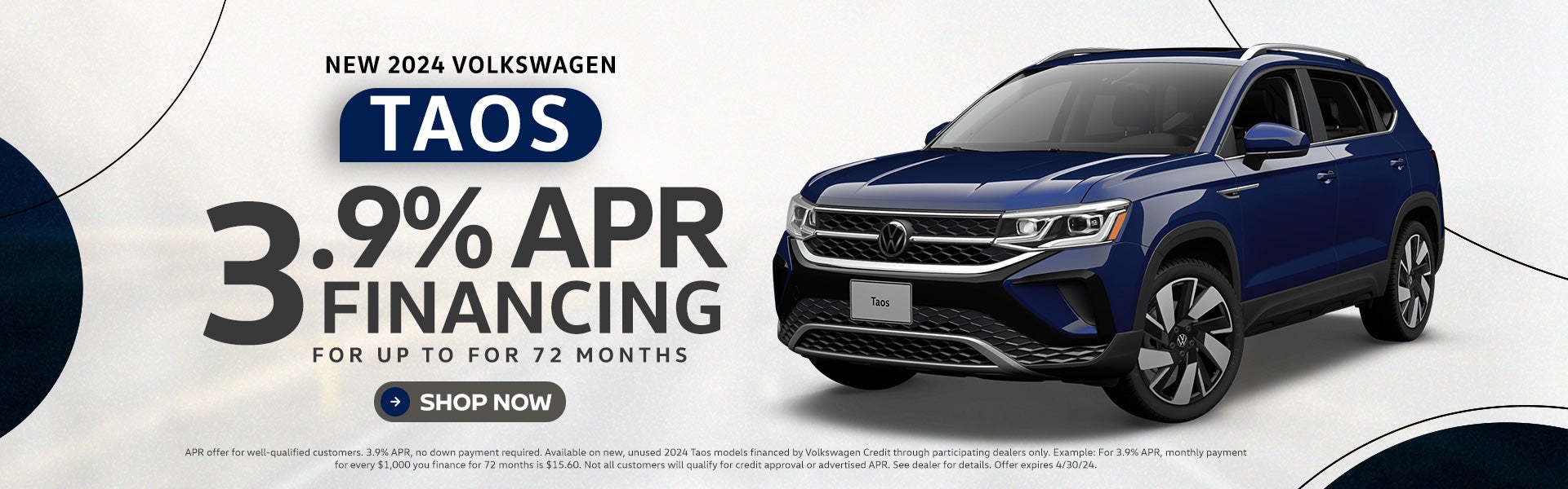 2024 Taos 3.9% APR for 72 months